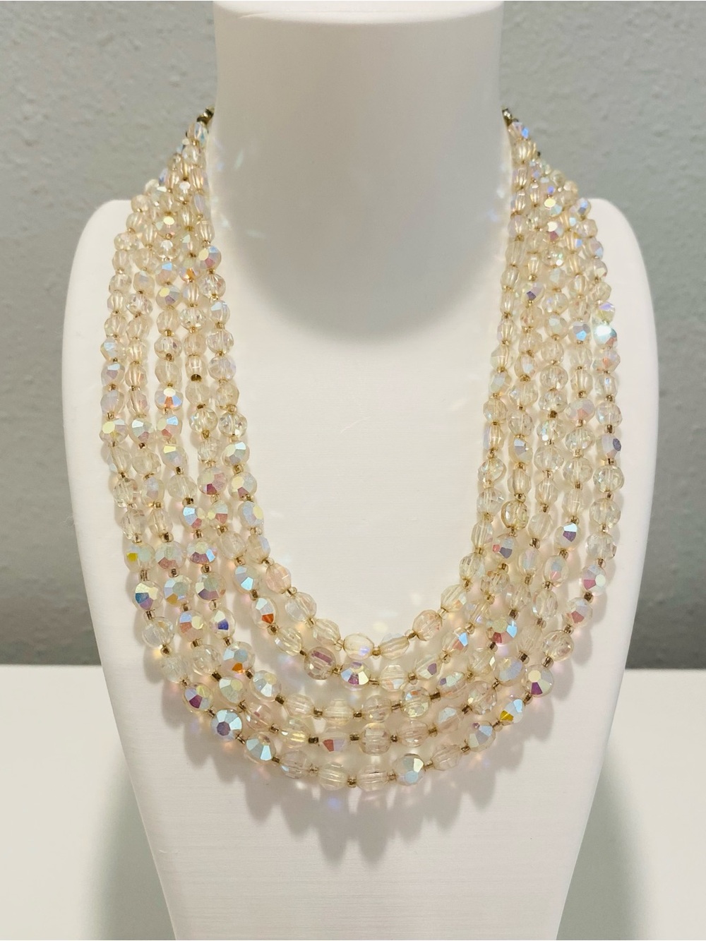 Vintage 5 Strand Aurora Borealis Crystal Necklace Adjustable Choker Champagne